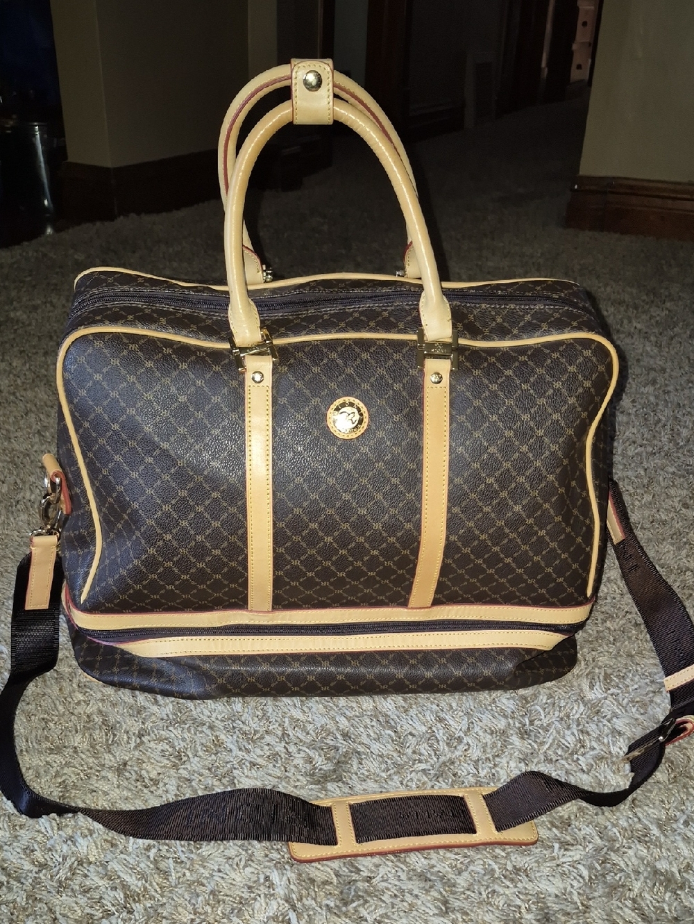 Rioni Signature Patterned Travel Duffel Bag with Tan Trim